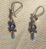 Bijoux Pharaonique Boucles D'oreille Croix Ankh En Argent Avec Incrustation Turquoise, Lapis-Lazuli Et Cornaline - 30 Ko
