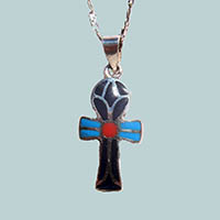 Bijoux Pharaonique Croix Ankh En Argent Avec Incrustation Turquoise, Lapis-Lazuli Et Cornaline - 26 Ko